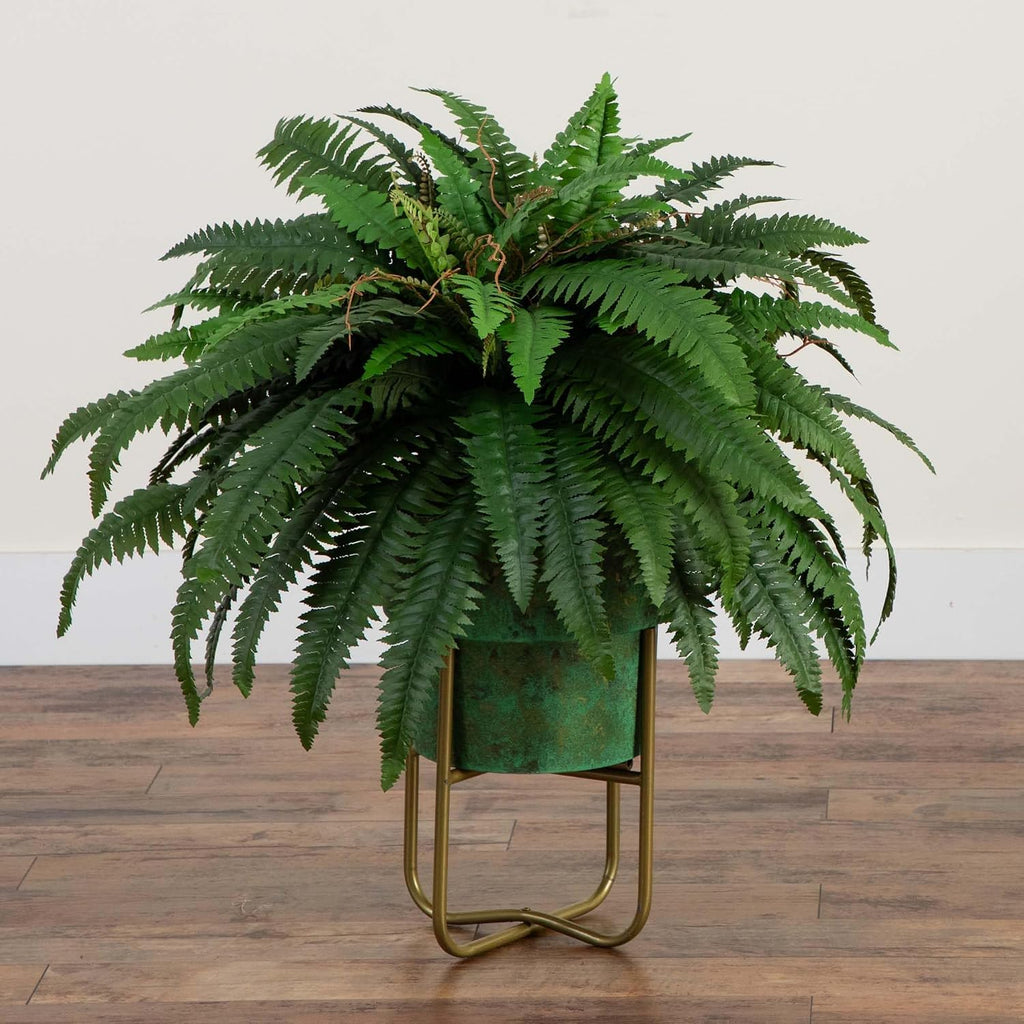 Nearly Natural 31-in Artificial Boston Fern Plant on Display Stand in Removal Patina Metal Planter, Fake Ferns for Living Room, Bedroom, Office Home Décor