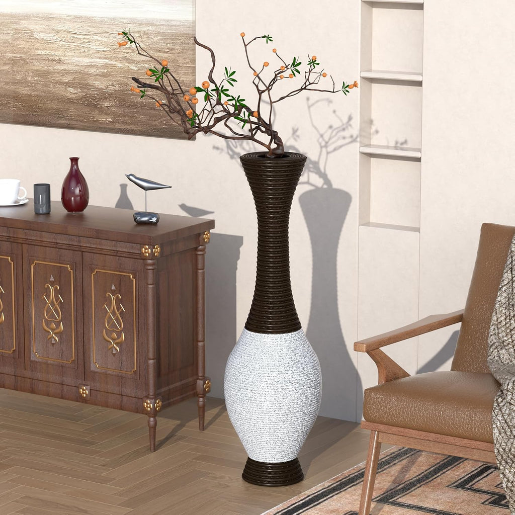 40' Tall Large Rattan Standing Floor Vase Modern Decorative Accent Flower Holder Floor Vase for Living Room Entryway Dining Room Stylish Home Décor Statement Piece (White+Brown)