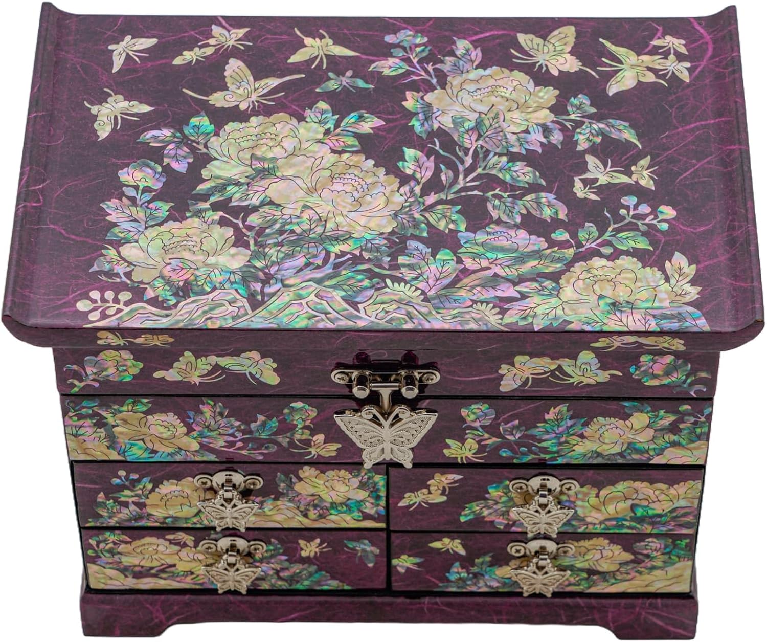 February Mountain Mother of Pearl Wooden Jewelry Organizer Box – Jewelry Storage Box for Women, Features Spacious Drawers, Ideal for Rings, Bracelets, Watches, Chains, Accessories (Peony_Purple)