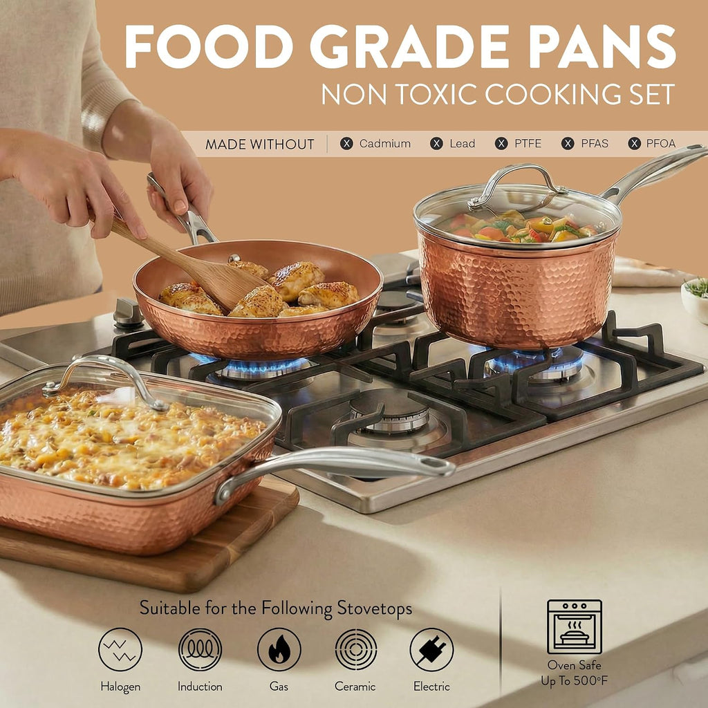 Gotham Steel Hammered 20 Pc Ceramic Cookware Set Nonstick, True Ceramic Pots and Pans Set Non Stick with Deep Square Pan Set & Bakeware Set, Non Toxic PFOA PFOS Free, Oven & Dishwasher Safe