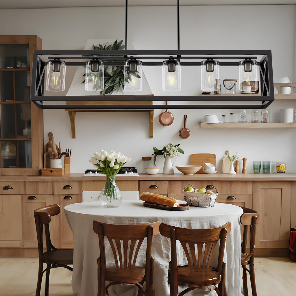 Farmhouse Dining Room Light Fixture - 6 Light Kitchen Island Lighting with Adjustable Height & Thickened Metal Dining Room Light Fixture Over Table，Chandeliers for Dining Room&Kitchen Island