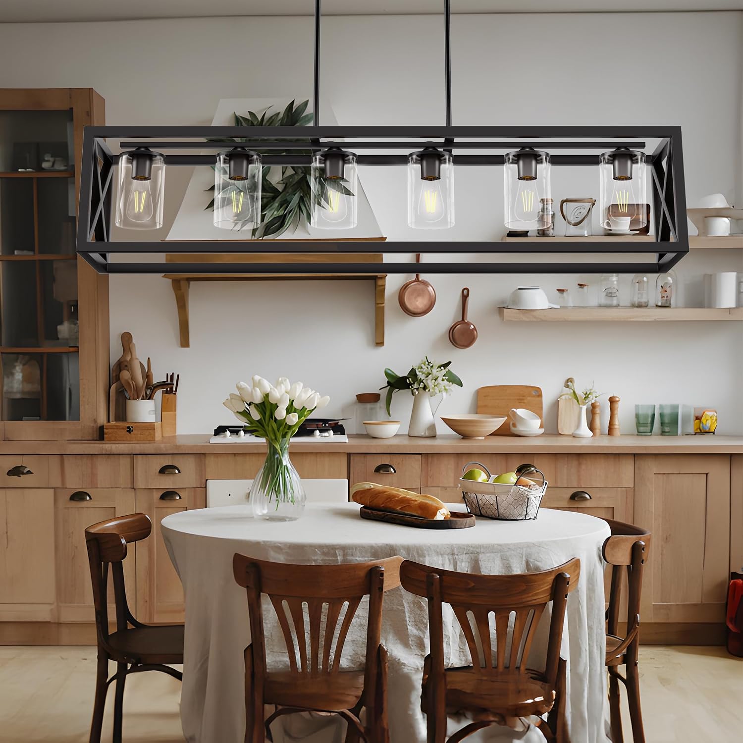 Farmhouse Dining Room Light Fixture - 6 Light Kitchen Island Lighting with Adjustable Height & Thickened Metal Dining Room Light Fixture Over Table，Chandeliers for Dining Room&Kitchen Island