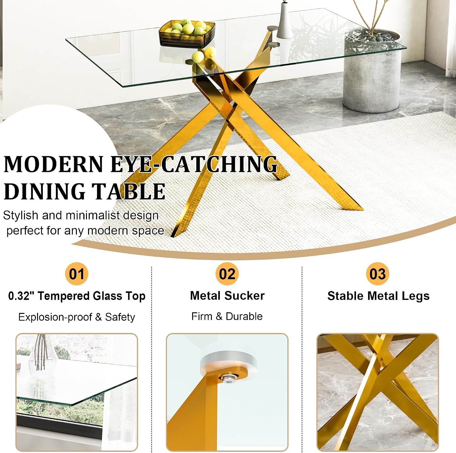 51.2' Glass Dining Table, Modern Kitchen Table for 4-6 People, Contemporary Rectangular Dining Room Dinner Tables with Clear Glass Top & Gold Metal X Legs for Kitchen Apartment