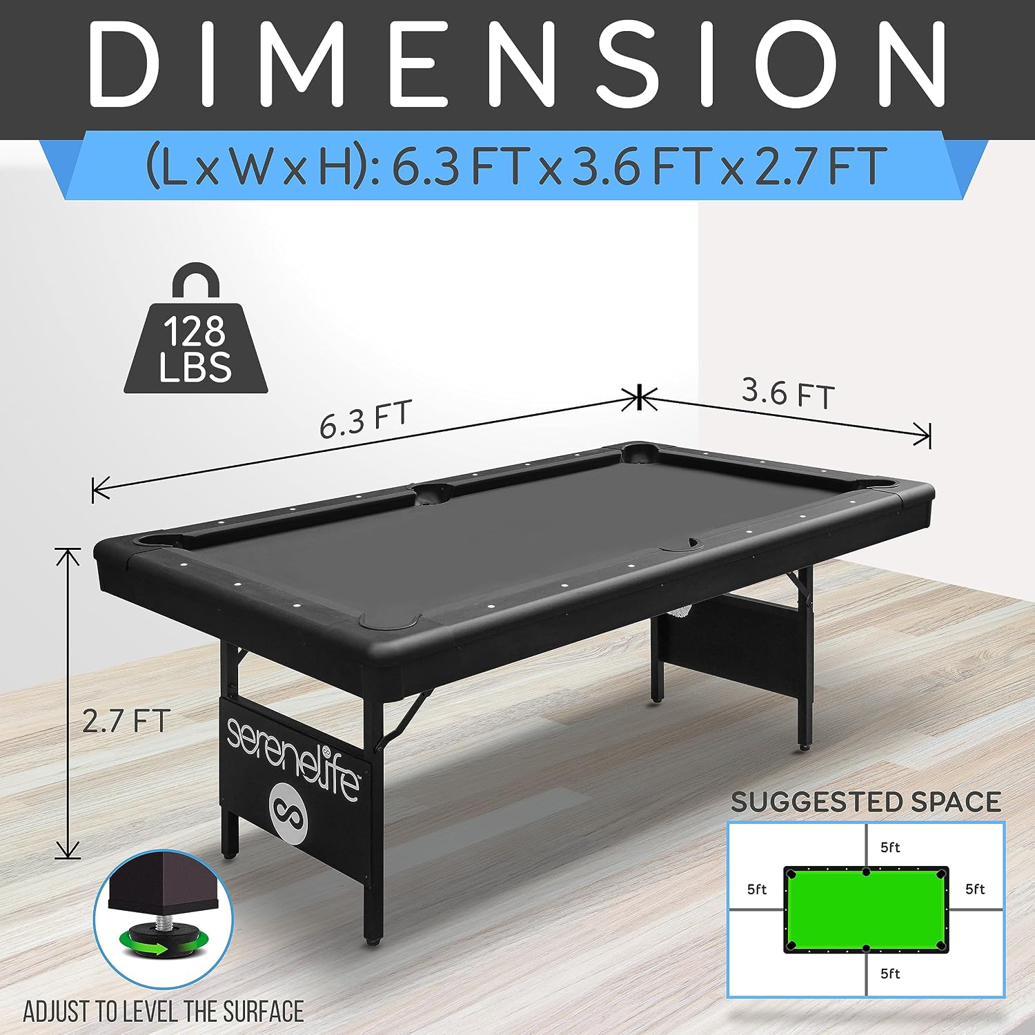 SereneLife 6-Ft Folding Pool Table - Best in Stability - Steel Frame, Fully Supported Slate, Welded Leg Supports with Safety Anti Collapse Locks, 128LB Heavy Duty Billiard Game and Accessory Set