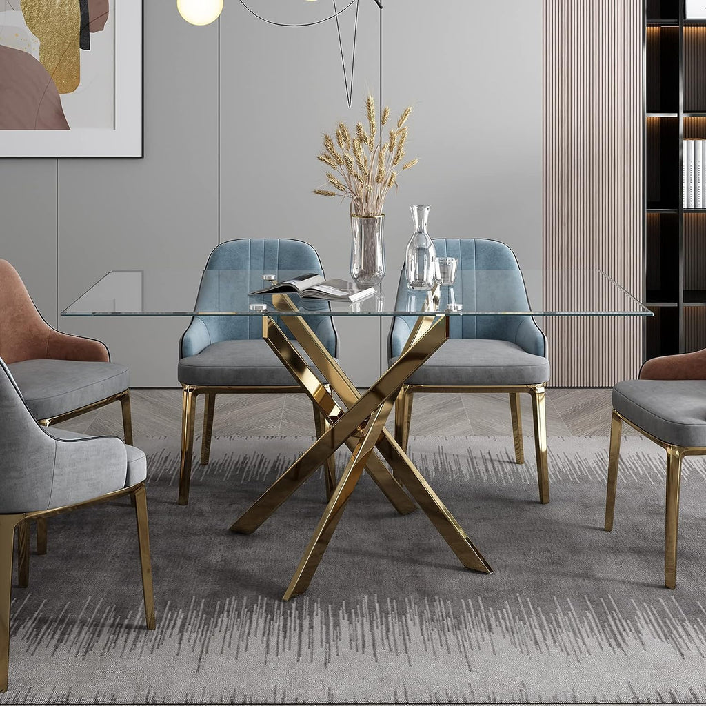 51' Glass Dining Table for 4, Contemporary Rectangular Dining Room Table with Tempered Glass Top & Golden Finish Stainless Steel Legs, Modern Kitchen Table for Home Office