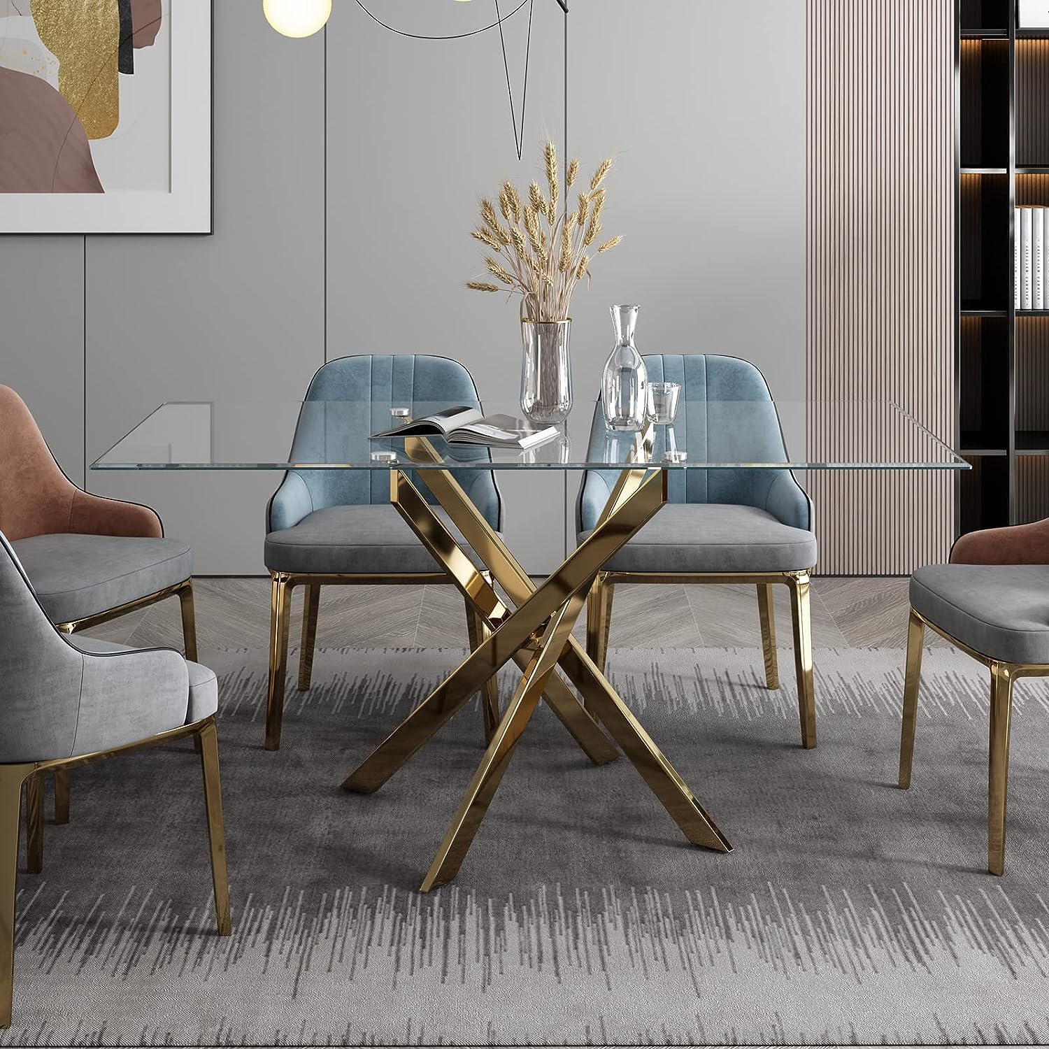 51' Glass Dining Table for 4, Contemporary Rectangular Dining Room Table with Tempered Glass Top & Golden Finish Stainless Steel Legs, Modern Kitchen Table for Home Office