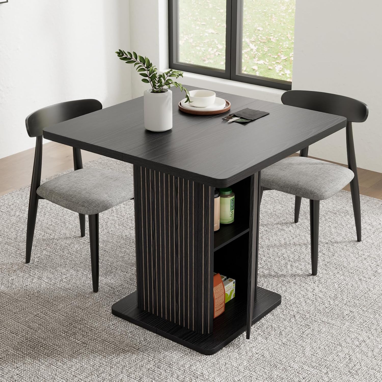 Small Black Dining Table for 2-4, 31.5 Inch Farmhouse Square Kitchen Table with 2-Tier Storage Shelf, Modern Wood Dinner Furniture with Fluted Doors, Dining Room, Living Room, Space Saving