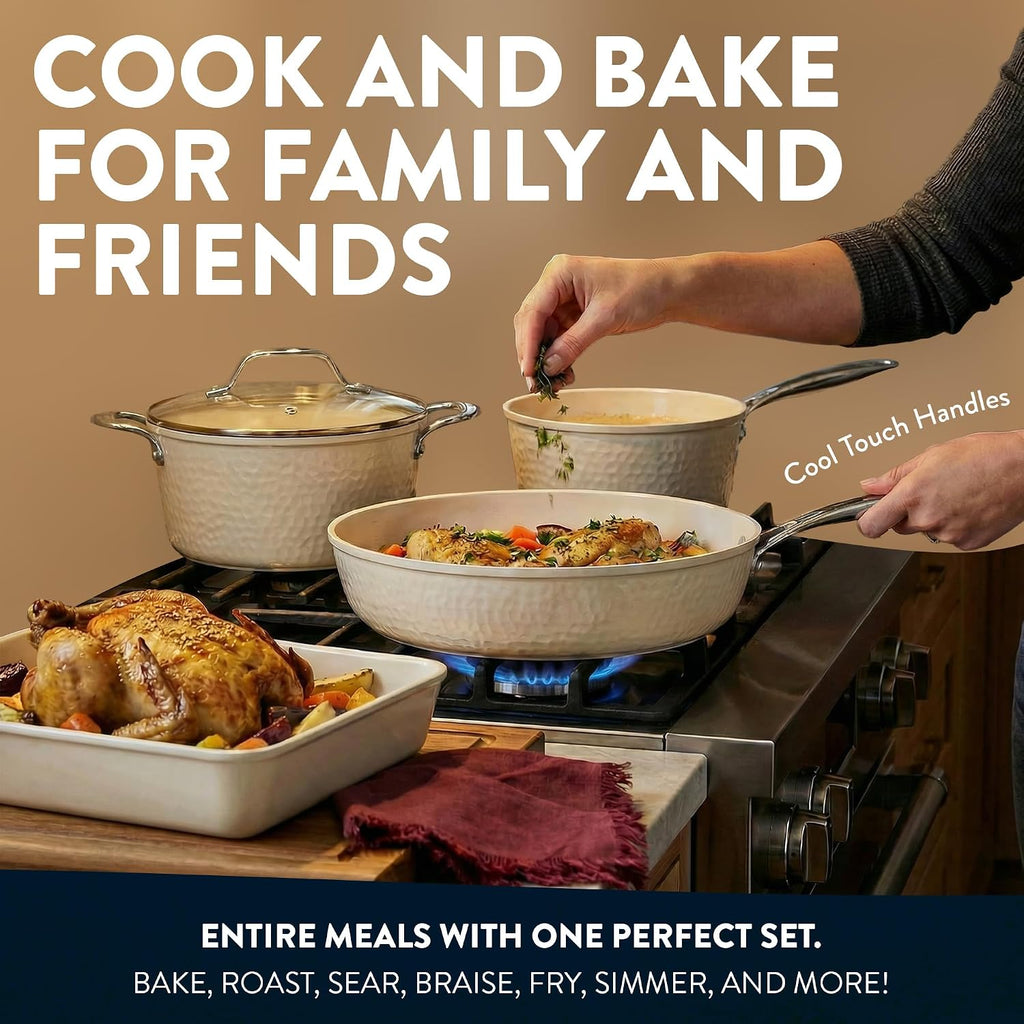 Gotham Steel Hammered 15 Pc Ceramic Cookware Set Nonstick, Pots and Pans Set Non Stick with Induction Cookware, Cooking Utensils & Steamer, Non Toxic PFOA PFOS Free, Oven & Dishwasher Safe