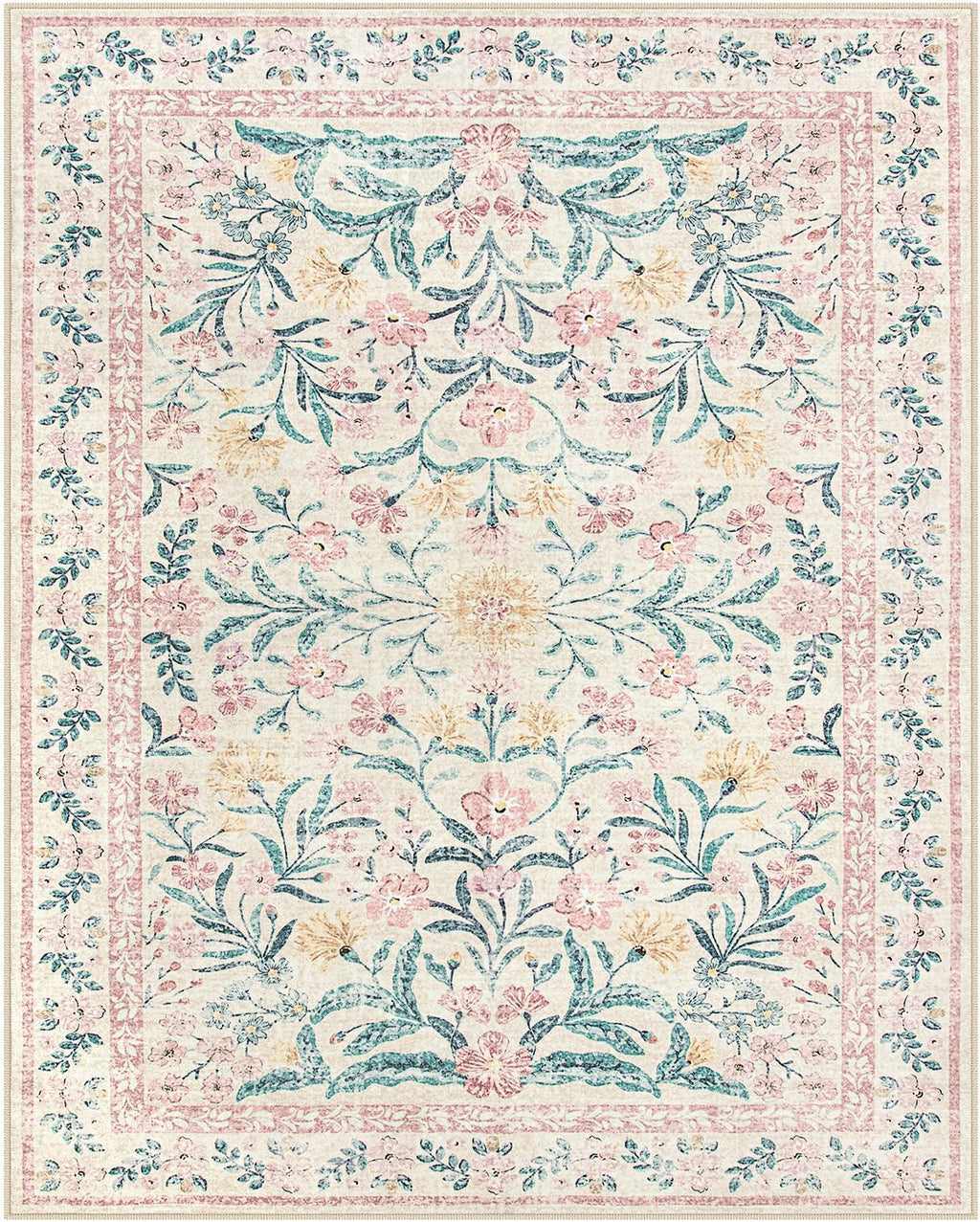 Lahome Sylvie Area Rugs 8x10 for Living Room, Boho Machine Washable Pink Cottage Decor for Girls Bedroom, Ultra-Thin Soft Cute Non Slip Floral Carpets for Dorm Reading Room Classroom, Pink/Multi