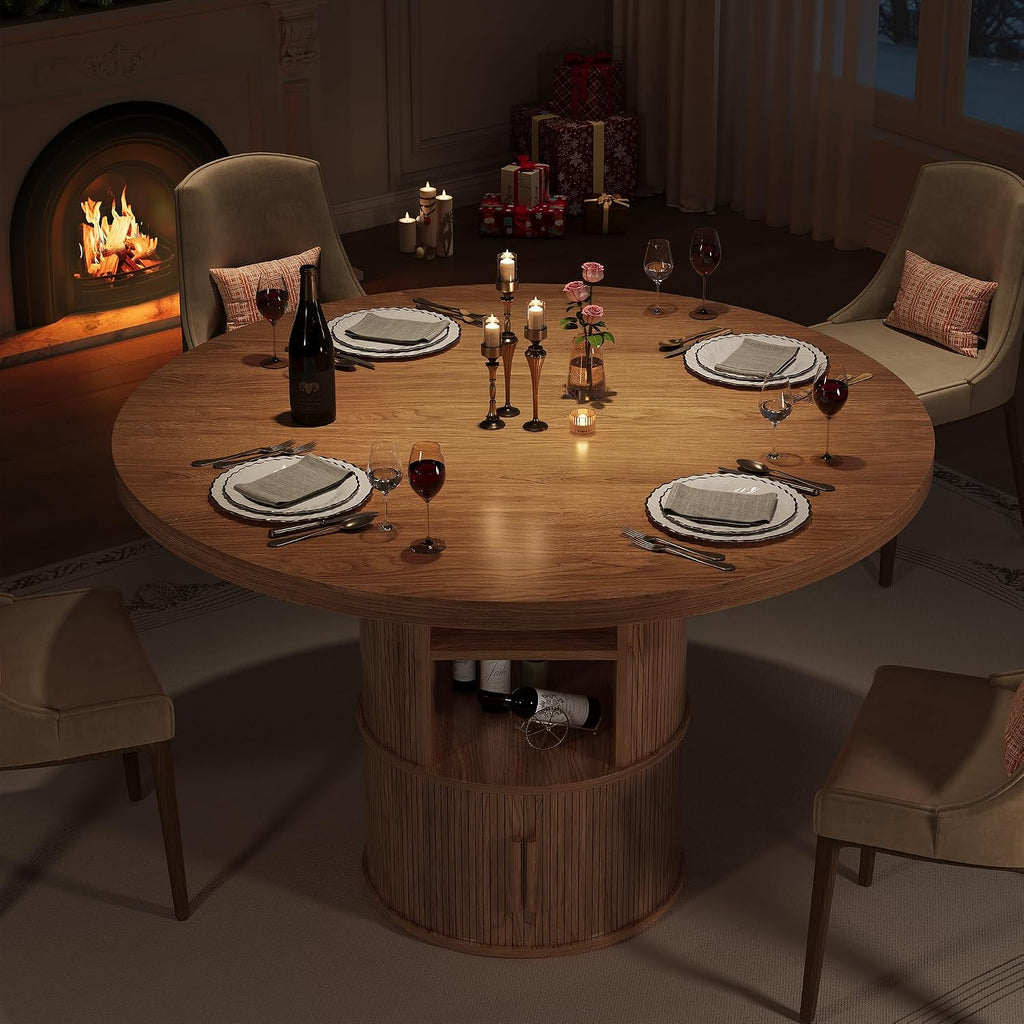 43' Round Dining Table with Storage Shelf, Farmhouse Modern Kitchen Table for 4-6, Circular Wood Dining Room Table for Small Spaces, Space Saving Pedestal Table for Apartment & Breakfast Nook, Walnut