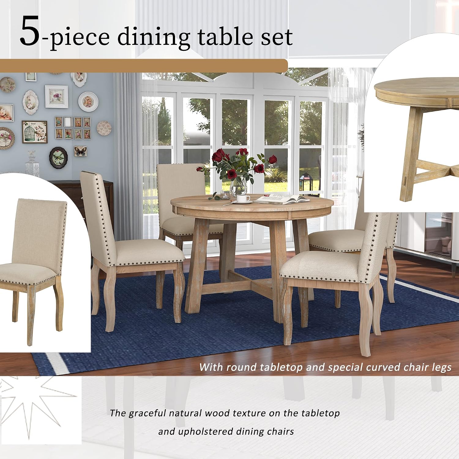 Harper & Bright Designs Kitchen Dining Table Set for 4, Wood Round Extendable Dining Table and 4 Dining Chairs Dining Table Set (Natural Wood Wash), ST000074AAE-MZJ