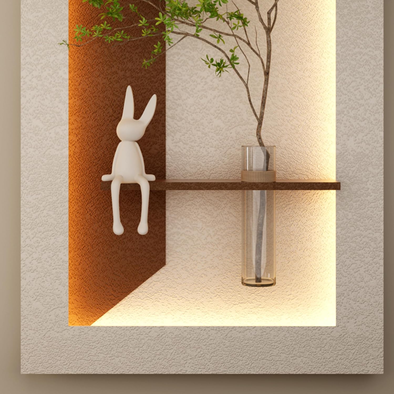 Montary 3D Sandstone Art Painting, Adjustable 3-Color LED Sandstone Wall Decor with Simulated Green Plants - 3D Art Sculpture, Glass Vase & Rabbit Statue, for Living Room, Bedroom, Hallway