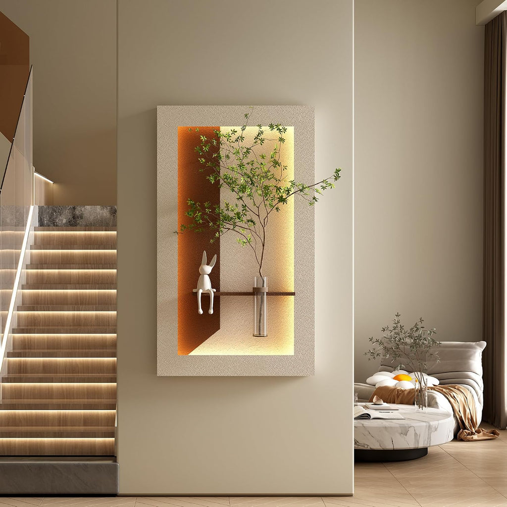 Montary 3D Sandstone Art Painting, Adjustable 3-Color LED Sandstone Wall Decor with Simulated Green Plants - 3D Art Sculpture, Glass Vase & Rabbit Statue, for Living Room, Bedroom, Hallway