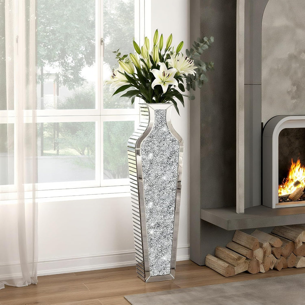 SHYFOY 43' Extra Large Floor Vase Oversized Crushed Diamond Mirrored Vase Silver Big Crystal Vases for Home Decor Living Room Floor