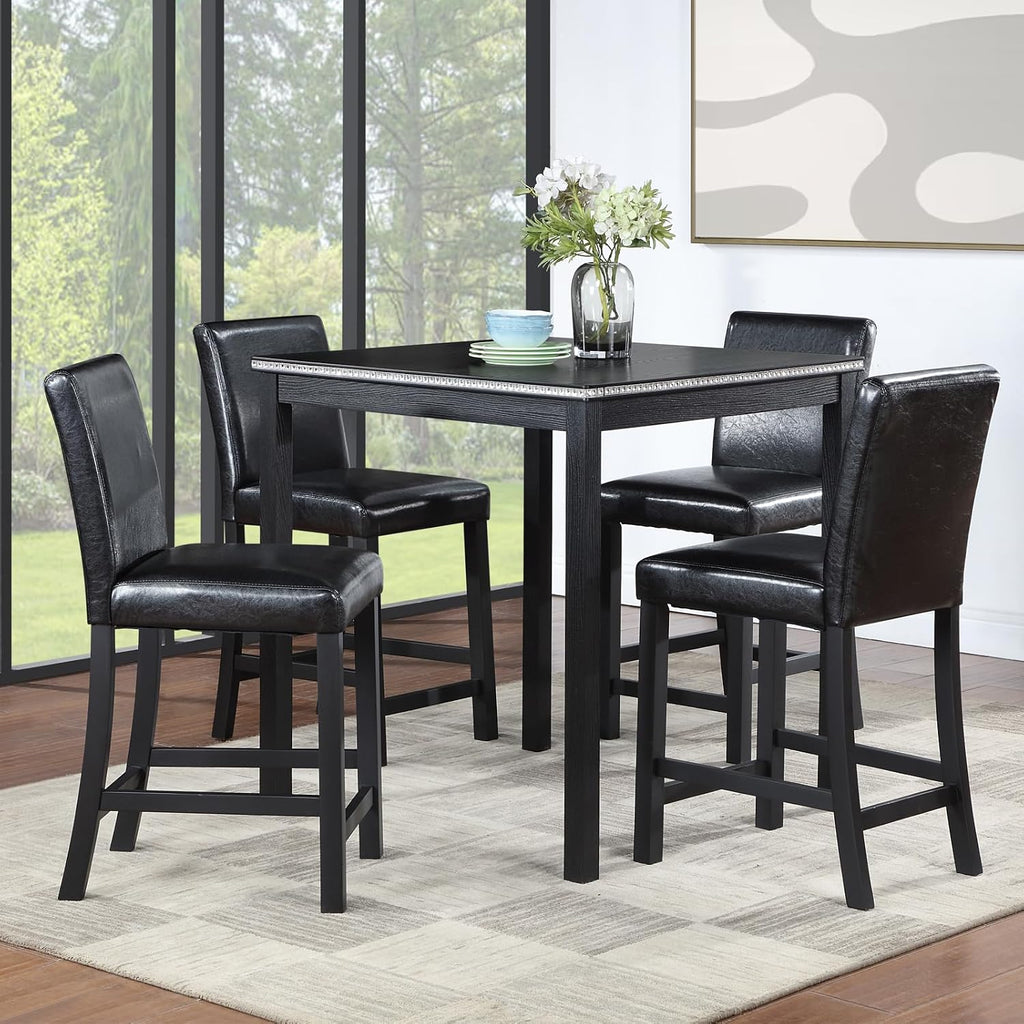LUMISOL Dining Table Set for 4, 5-Piece Solid Wood Counter Height Kitchen Table Set with 4 Upholstered Chairs for Kitchen, Dining Room, Home Bar, Black