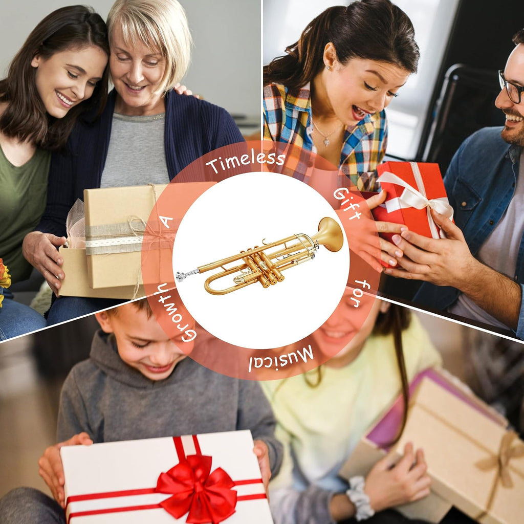 AKLOT Weighted Leadpipe Bb Trumpet: Satin Gold, Mouthpiece Booster, 7C Mouthpiece*2, Beginner & Intermediate Standard Trumpet Instrument, Trompeta Musicales with Hard Case, Lesson Book, Cleaning Kit