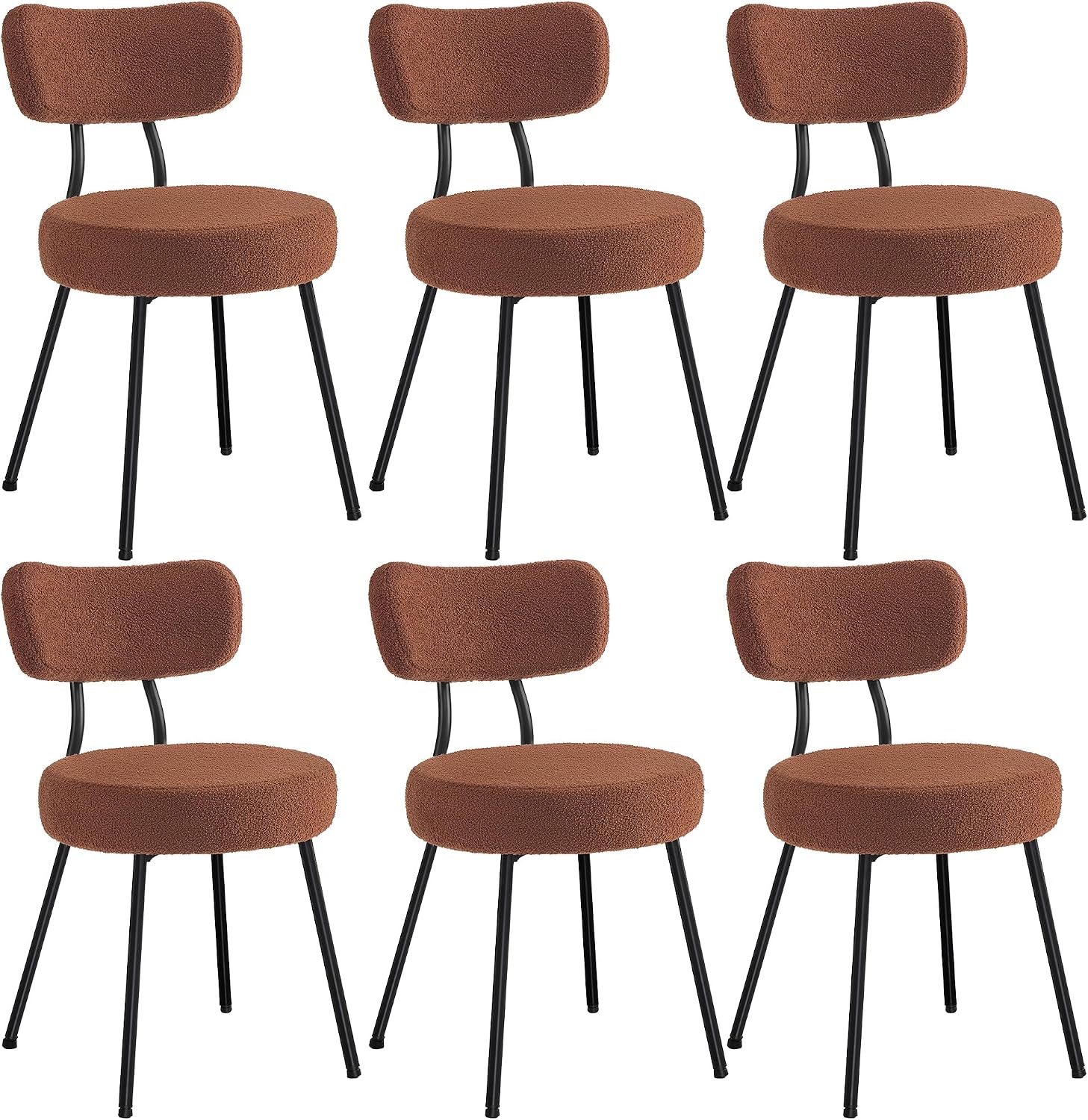 VASAGLE Boucle Dining Chairs Set of 6, Upholstered Kitchen Dining Room Chairs with Curved Backrest and Steel Frame, Modern Mid Century, Round, for Vanity, Living Room, Coffee Brown UKDC110K01-3J