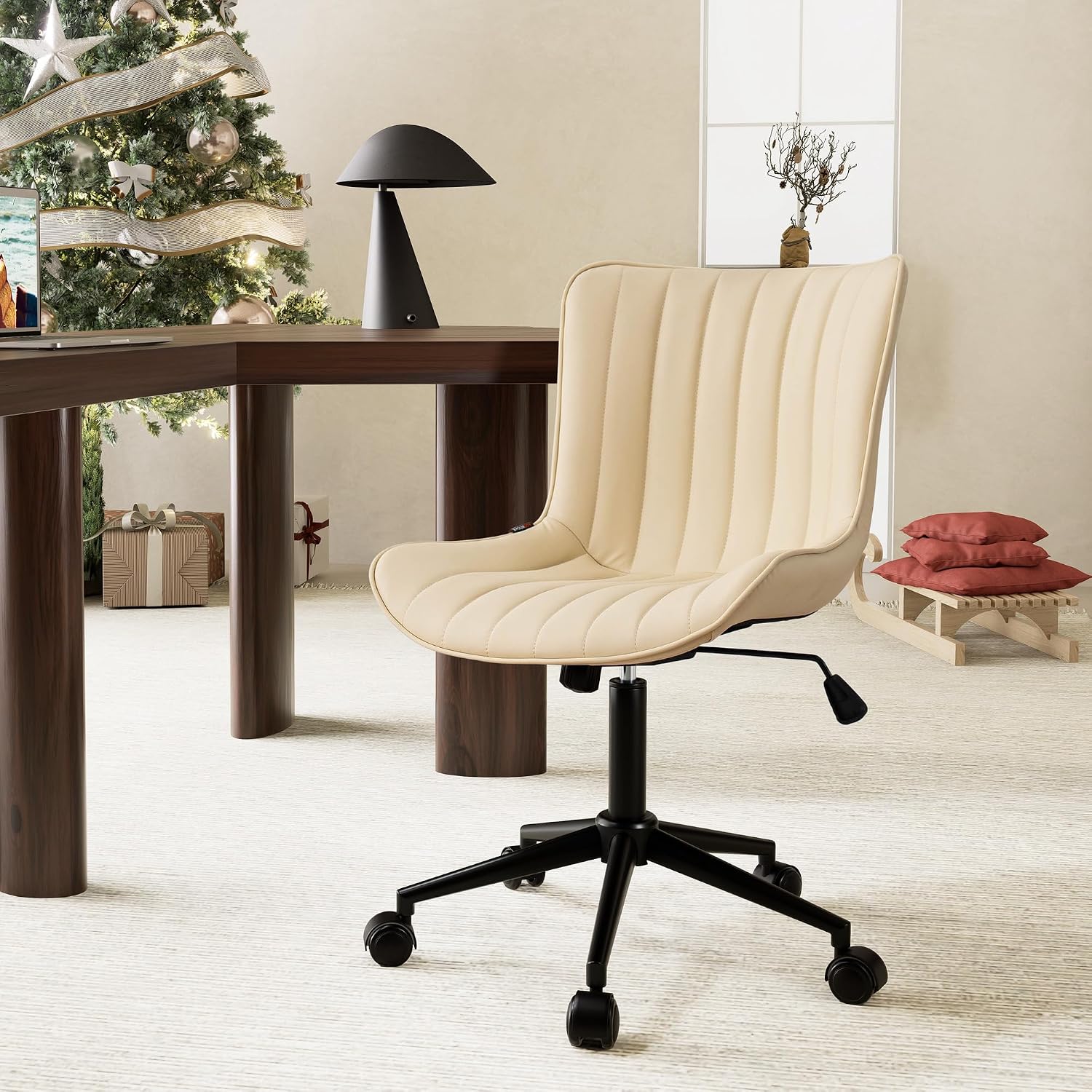 YOUNIKE Ergonomic Home Office Desk Chair with Wheels Comfy Armless Criss Cross Chair with Adjustable Back Modern Leather Upholstered Swivel Vanity Chair Small Cute Rolling Task Chair for Women Beige