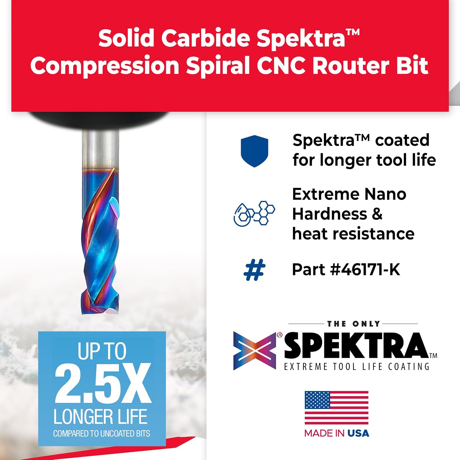 Amana Tool Spektra Extreme Tool Life Coated CNC Compression Spiral Router Bit, 46171-K (Previous 46167), 3/8 D x 7/8 CH x 3/8 Shk x 3 Inch L 2 Flute
