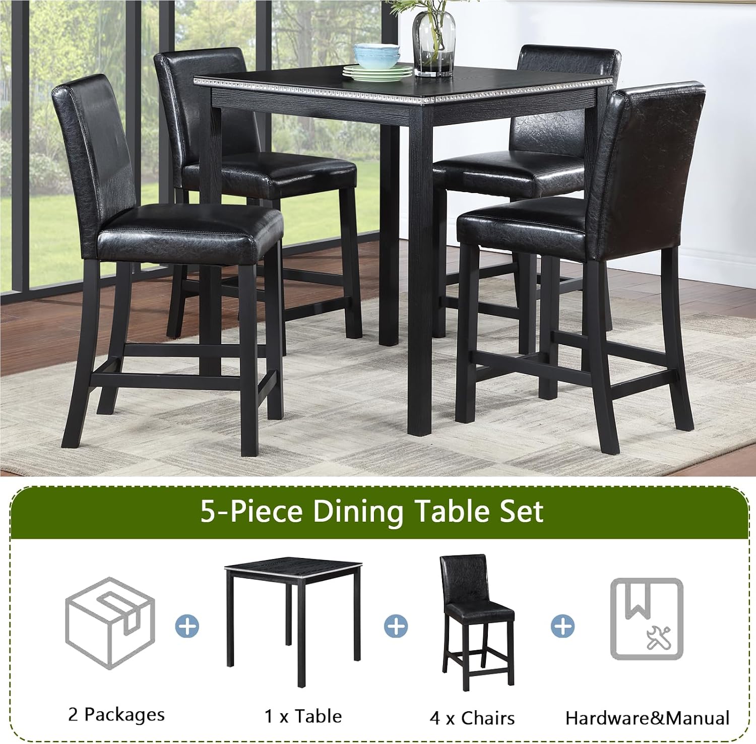 LUMISOL Dining Table Set for 4, 5-Piece Solid Wood Counter Height Kitchen Table Set with 4 Upholstered Chairs for Kitchen, Dining Room, Home Bar, Black