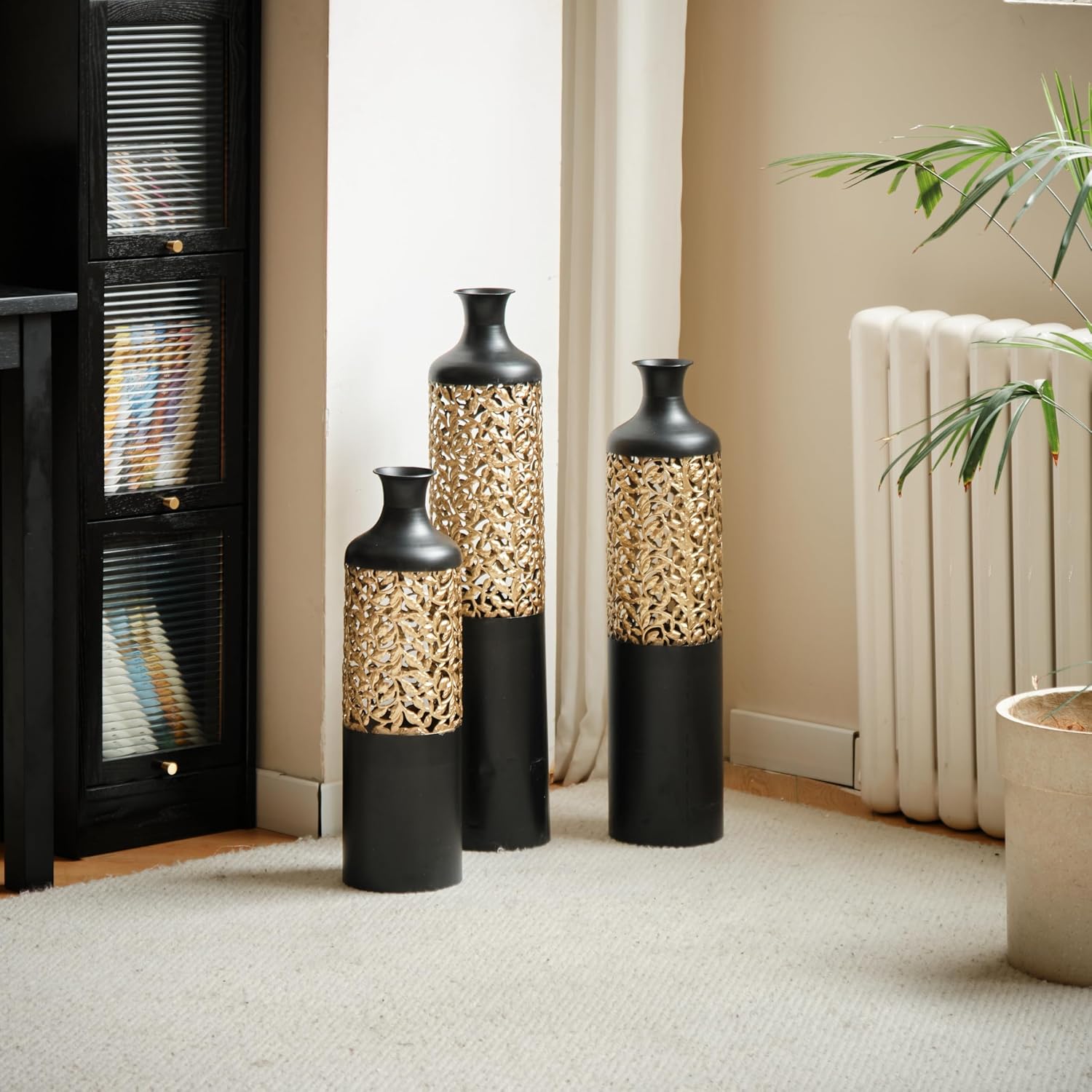 Floor Metal Decorated Vases Set of 3 for Gorgeous Home Decoration Large Glazed Metal Vases (Black)