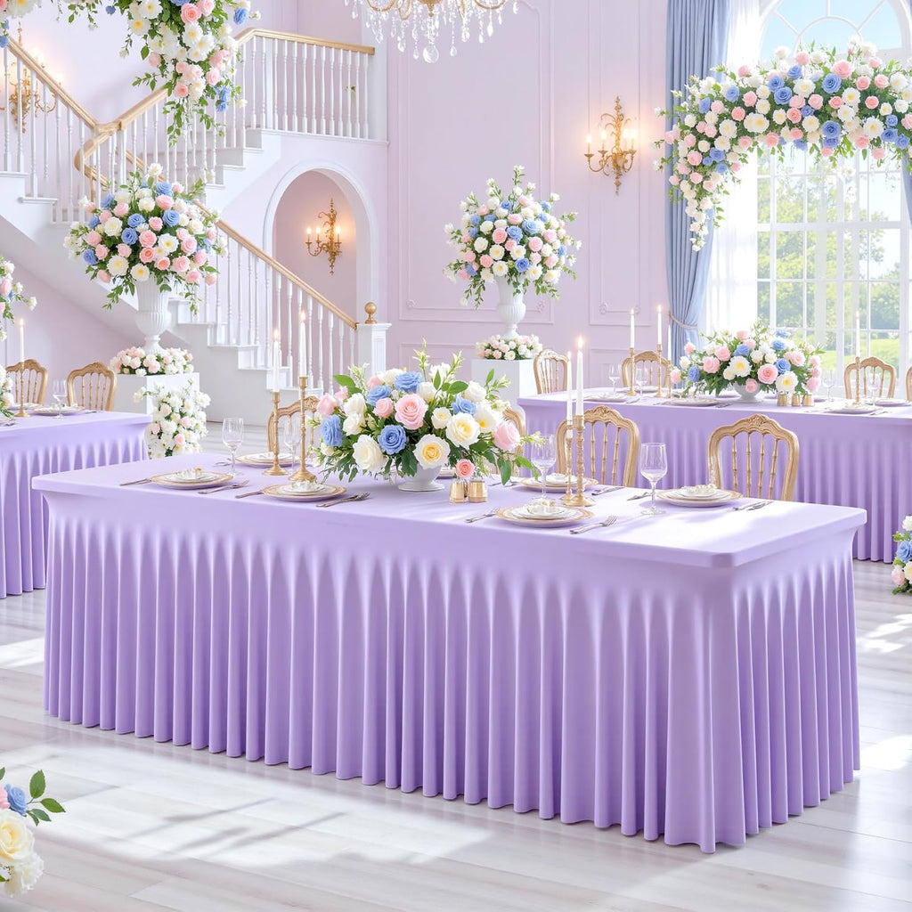 Suppromo 6 Pack 8ft Lavender Spandex Table Cloths for Rectangle Tables Wrinkle Free Light Purple Rectangle Tablecloths Stretch Fitted Table Cover for Birthday Party Wedding Banquet Baby Shower Buffet