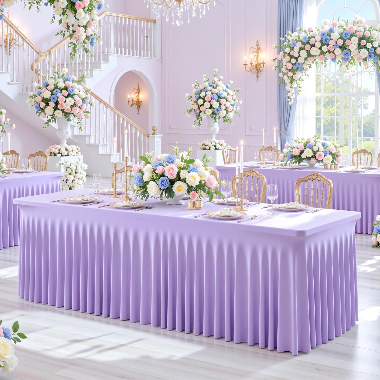 Suppromo 6 Pack 8ft Lavender Spandex Table Cloths for Rectangle Tables Wrinkle Free Light Purple Rectangle Tablecloths Stretch Fitted Table Cover for Birthday Party Wedding Banquet Baby Shower Buffet