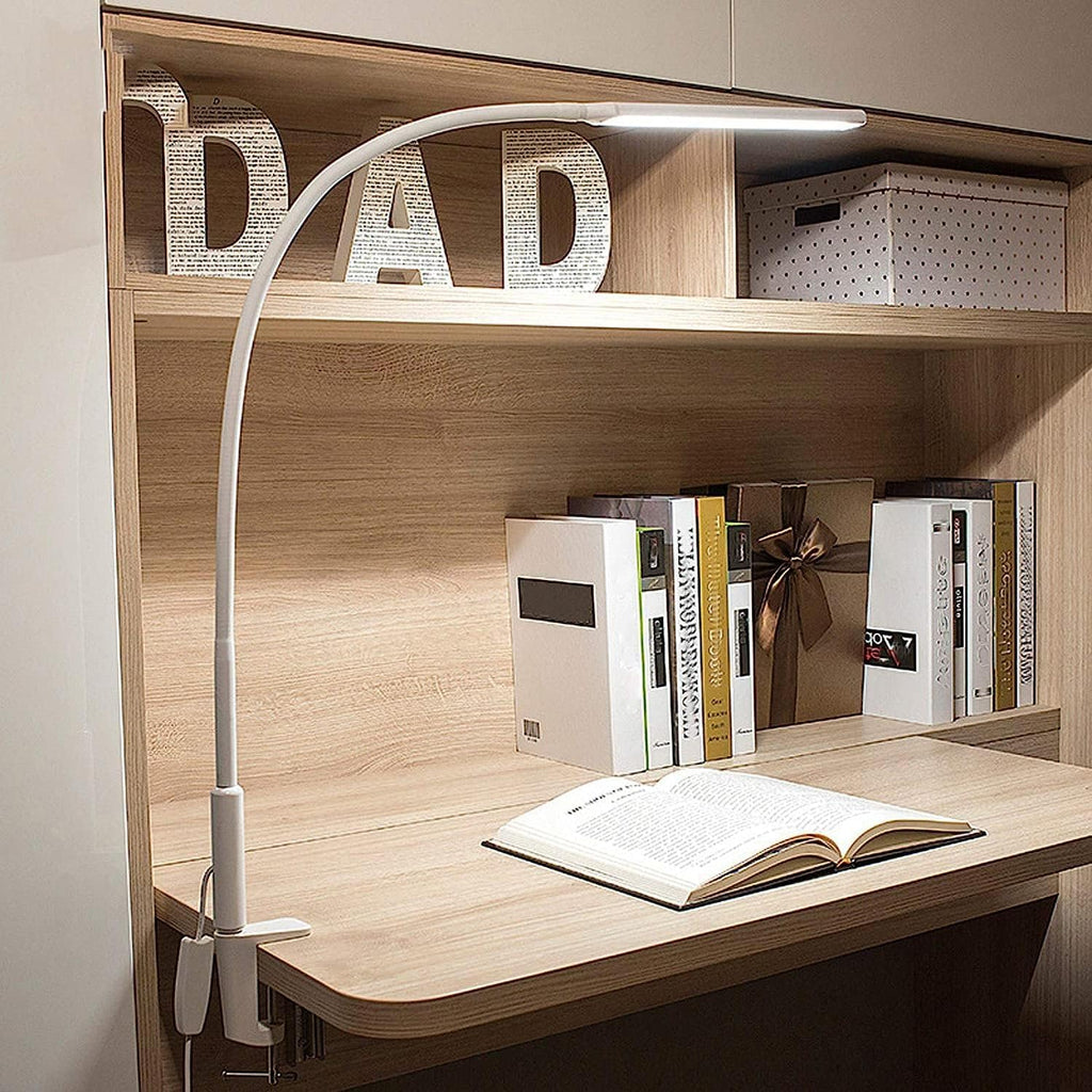 Desk Lamps 10W with Clamp, 64 LEDs Eye-Care Reading Light Dimmable, Flexible Swing Arm Architect Lamp for Reading, Working, Office, with Memory Function, with Switch, USB Cable, White