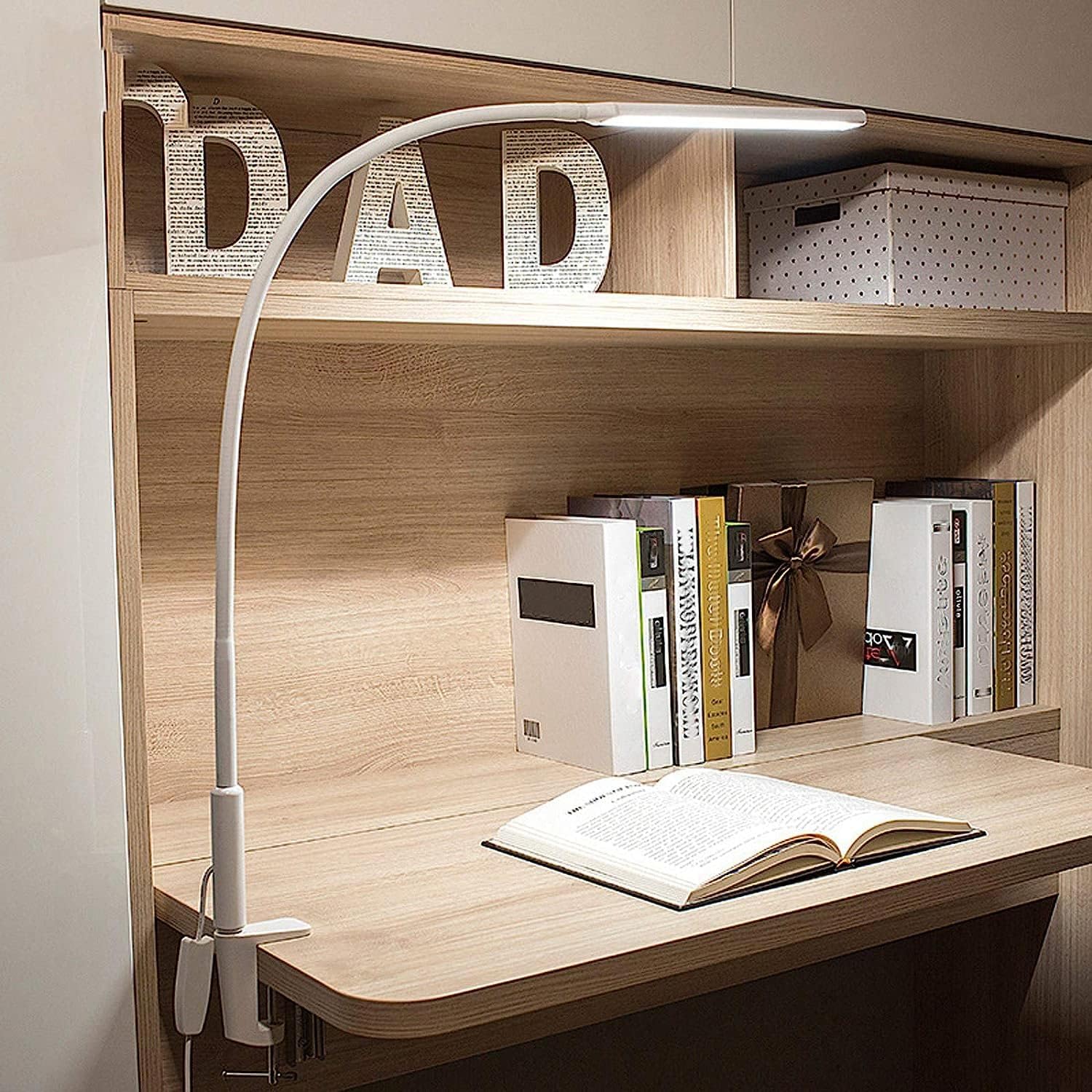 Desk Lamps 10W with Clamp, 64 LEDs Eye-Care Reading Light Dimmable, Flexible Swing Arm Architect Lamp for Reading, Working, Office, with Memory Function, with Switch, USB Cable, White