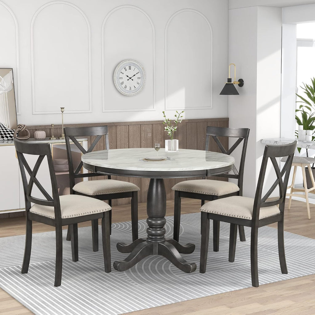 LUMISOL 5-Piece Dining Table Set, Faux Marble Round Dining Table Set with Chairs for 4, Wood Kitchen Dining Room Table Set for Small Space, Sturdy Support, Muddy Gray