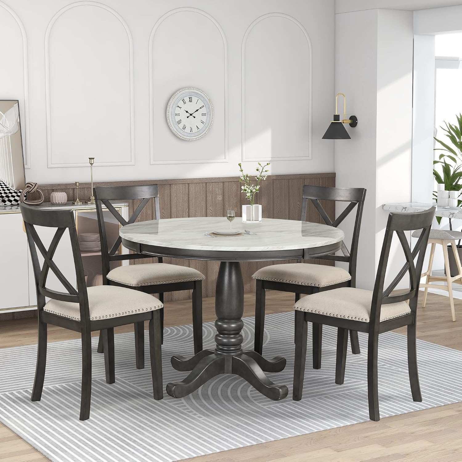 LUMISOL 5-Piece Dining Table Set, Faux Marble Round Dining Table Set with Chairs for 4, Wood Kitchen Dining Room Table Set for Small Space, Sturdy Support, Muddy Gray