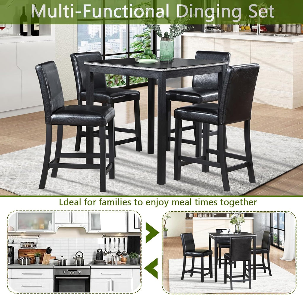 KEIKI 5-Piece Counter Height Dining Table Set with Square Table and 4 Upholstered Chair, for 4 Person, Classic Style Crystal Decoration Wooden Table Set, Easy Assembly, for Kitchen, Dining Room, Black