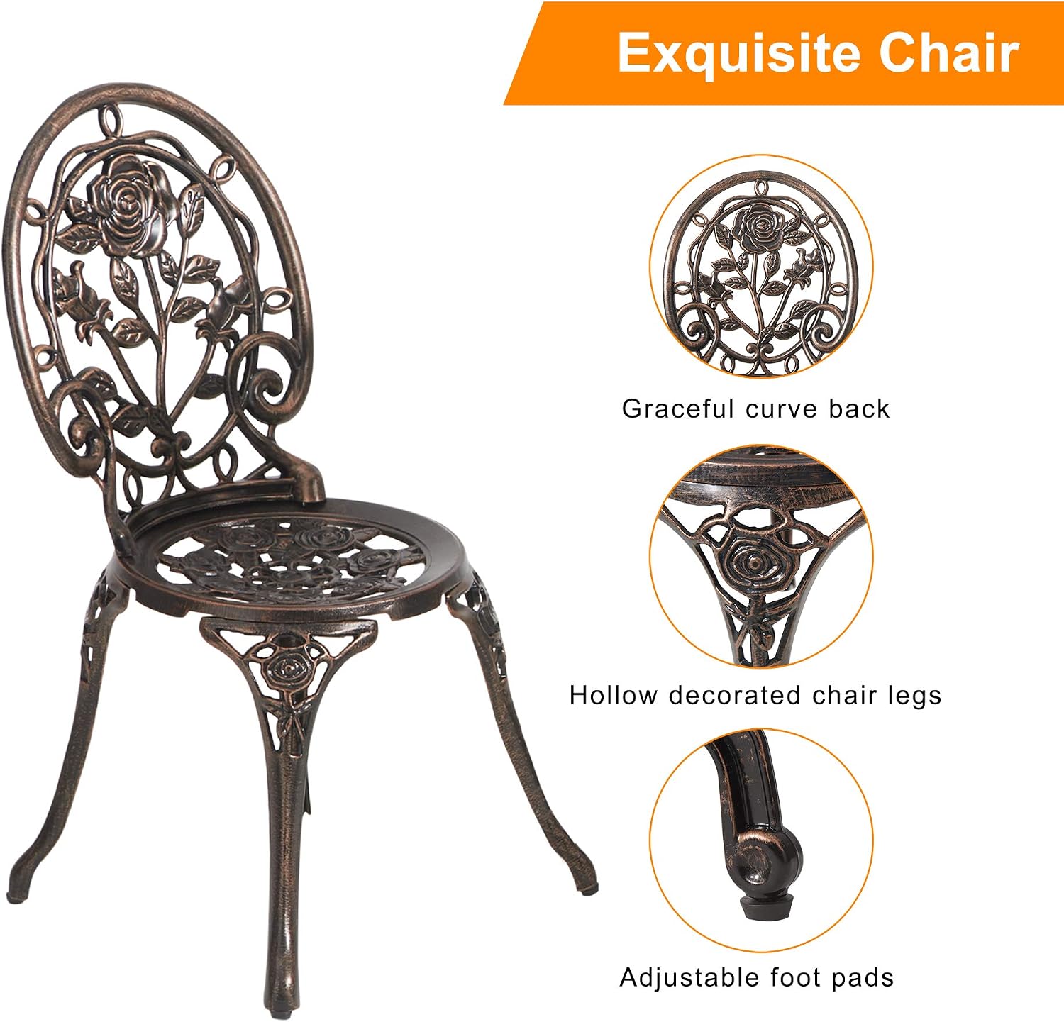 HOMEFUN Bistro Table and Chairs Set of 2 Outdoor 3 Piece Patio Set, Rose Pattern Cast Aluminum Bistro for Garden Balcony, Durable Rust All-Weather Resistance, Rose Bronze