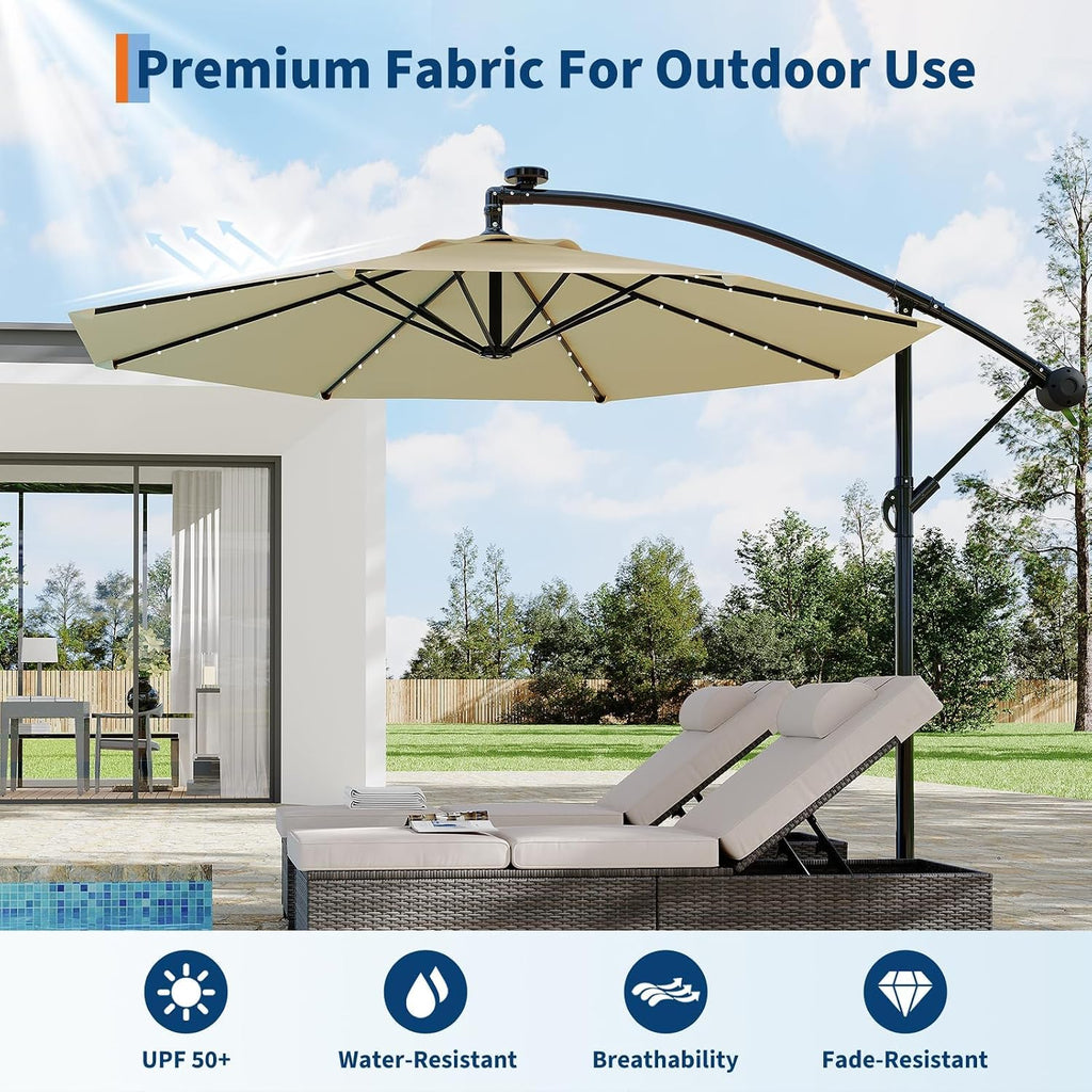 Garvee 10FT Solar Lights Cantilever Umbrella Outdoor Patio, Offset Patio Umbrella with Easy Lift & Tilt Adjustment, UV Protection Fade Resistant for Deck, Pool, Garden, Beige