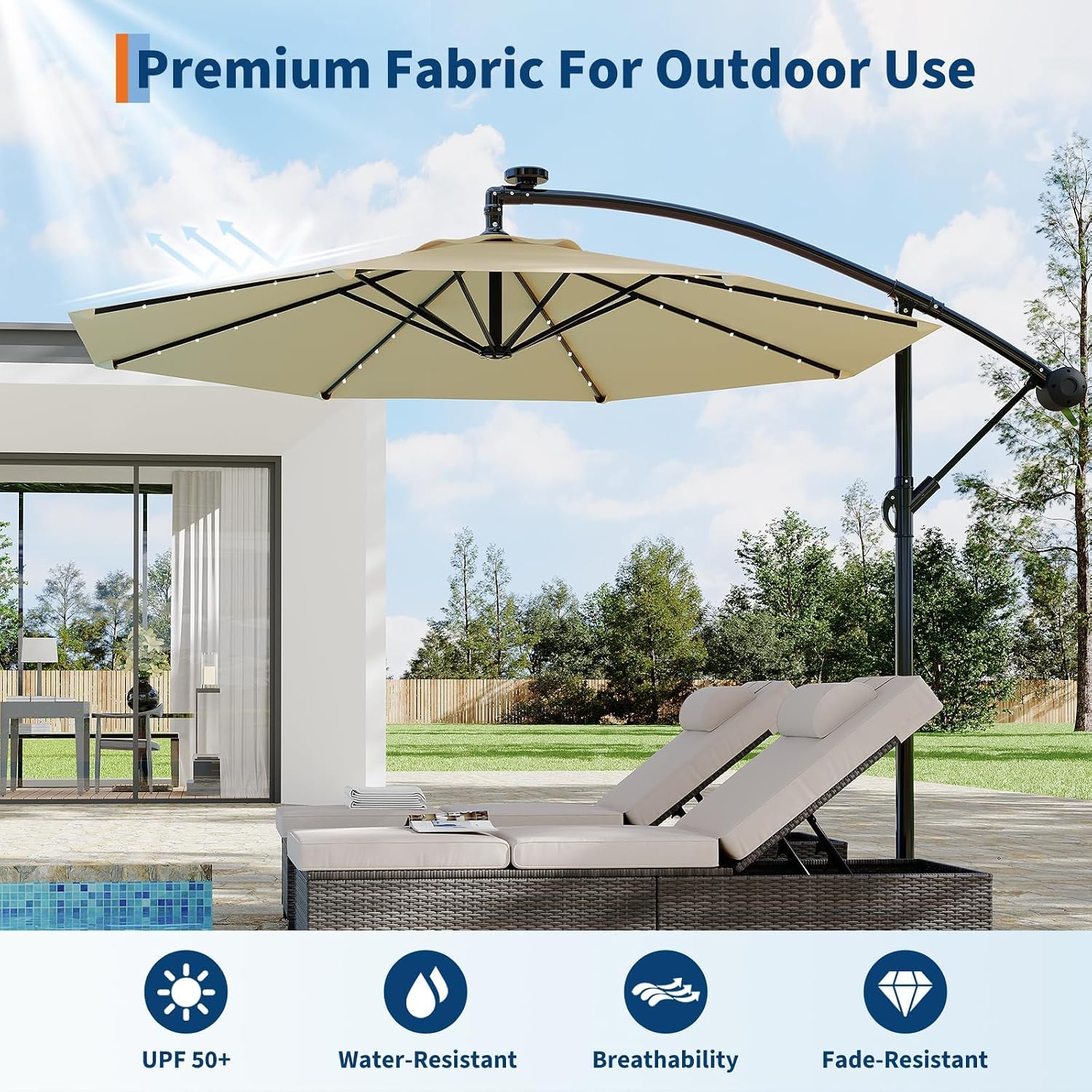 Garvee 10FT Solar Lights Cantilever Umbrella Outdoor Patio, Offset Patio Umbrella with Easy Lift & Tilt Adjustment, UV Protection Fade Resistant for Deck, Pool, Garden, Beige