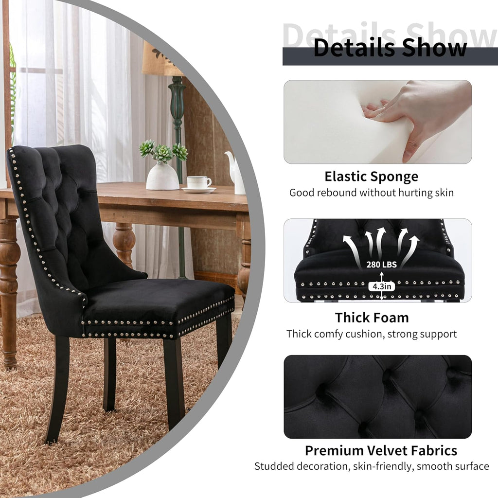 Modern Luxury Round Glass Dining Set for 4, 5 Pcs Small Minimalist Circle Kitchen Table Set, 36'' Clear Circular Glass Top Dinner Room Set, Black High-end Tufted Chairs, for Apartment (Black)