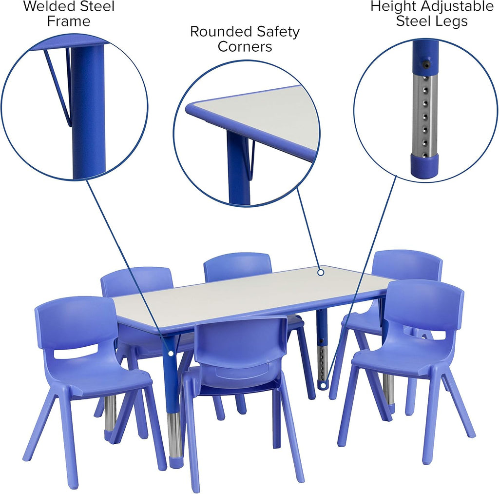 EMMA + OLIVER 23.625' W x 47.25' L Blue Plastic Activity Table Set-6 Chairs