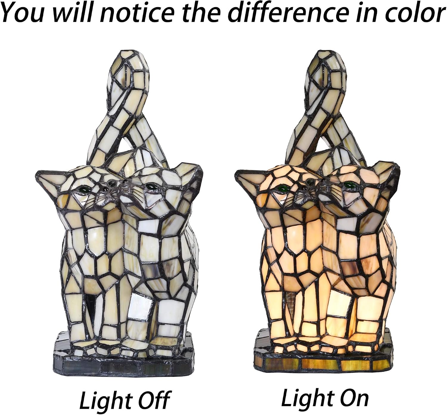 Bieye L10771 Cats in Love Tiffany Style Stained Glass Accent Table Lamp Night Light for Home Decoration (Two Cats, Yellow)