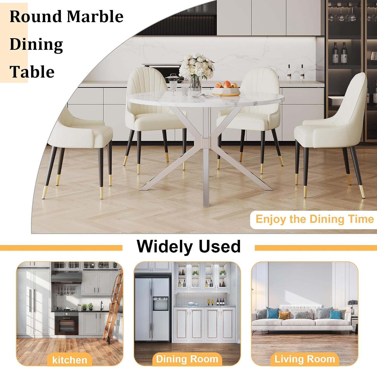 White Round Marble Dining Table with Silver Stainless Steel Leg, 45.28' Small Circle Marble Kitchen Table for 2-4 Person, Mid Century Modern Dining Table for Dining Room Kitchen Living Room