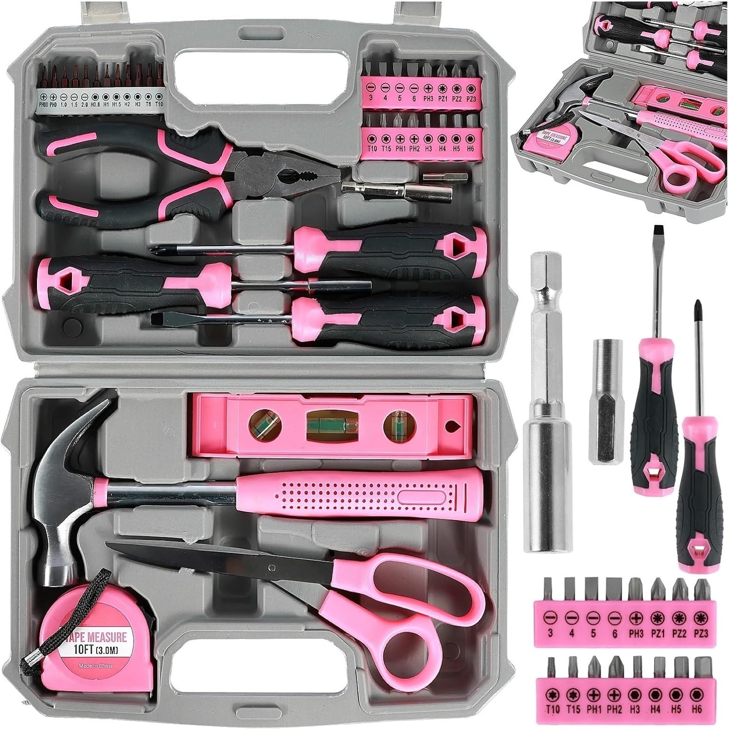 37/13Pcs Household Repair Tool Kit Multipurpose Home Hand Tool Set with Storage Case Pink Hammer Screwdriver Set Measuring Tool (Color : 37PCS as show)
