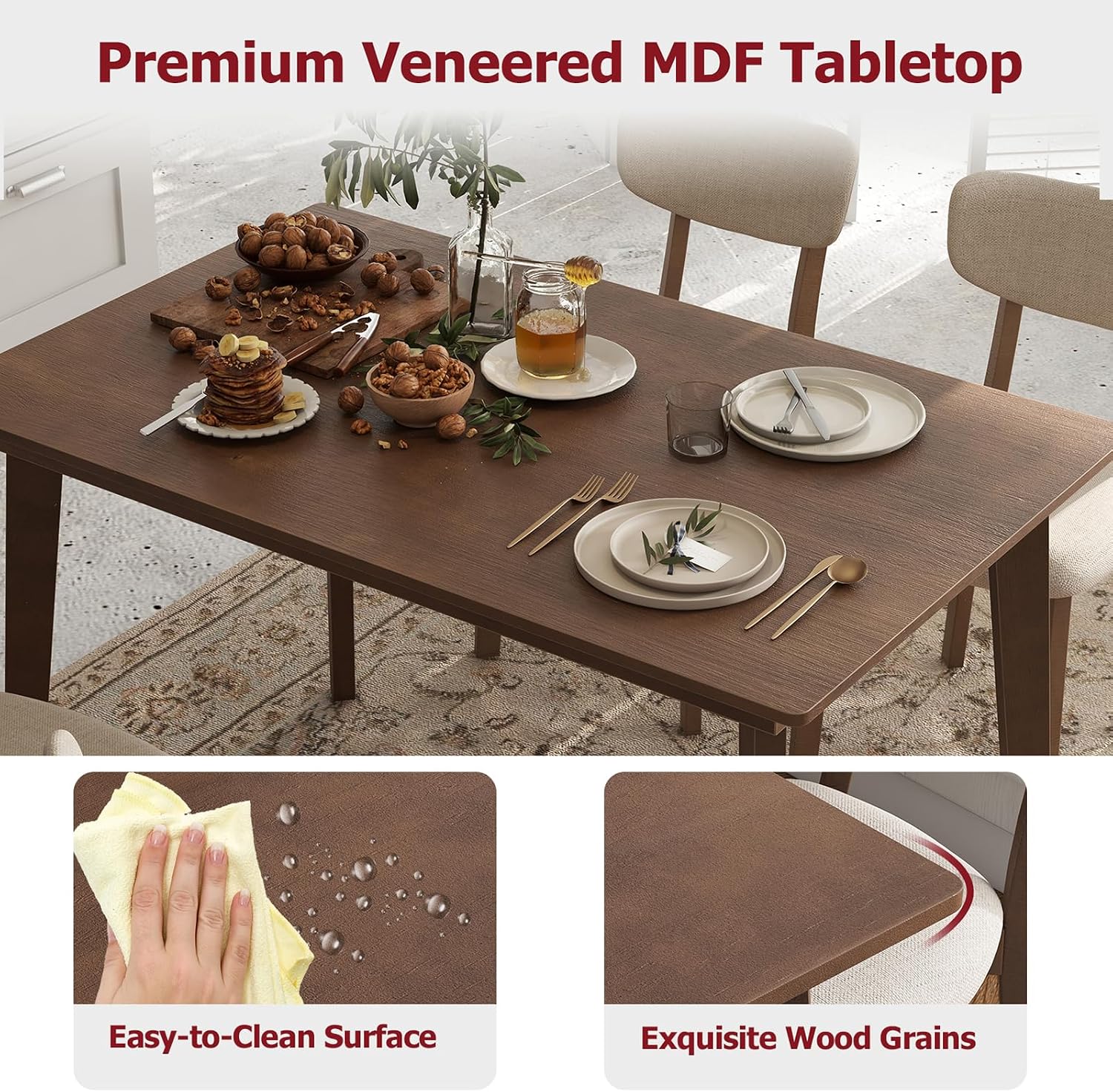 Tangkula Dining Table Set for 4, Dinette Set with Table and 4 Padded Seat, Rubber Wood Legs, Curved Backrest, Mid-Century Modern Kitchen Table Chairs Set of 4 for Living Room, Dining Room