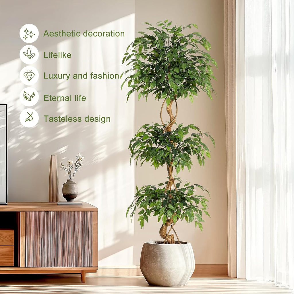 GarveeHome Ficus Artificial Tree with Curved Trunk，6 ft Faux Plant Fake Silk Trees with White Pot, Fake Ficus Tree for Home Decor, Artificial Plants Indoor for Office Living Room