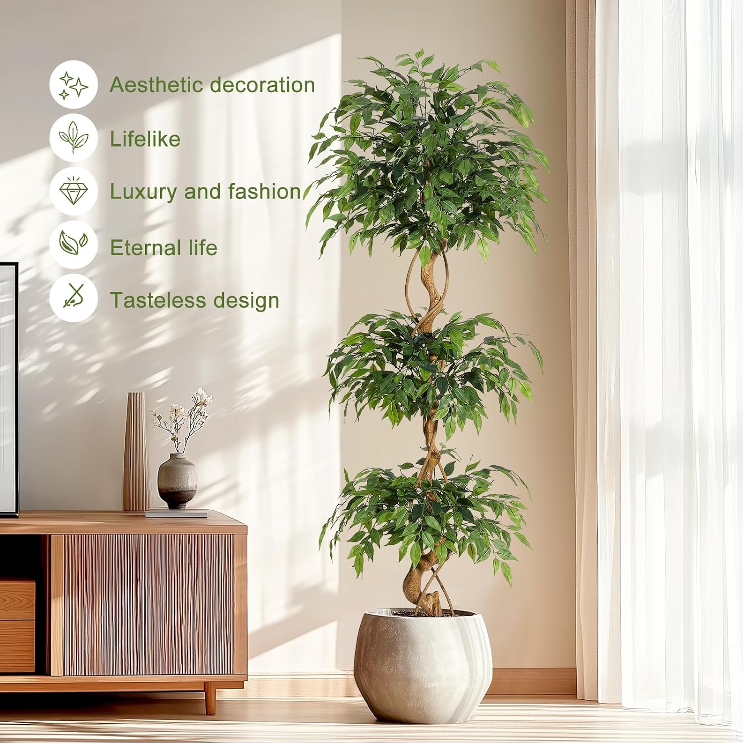 GarveeHome Ficus Artificial Tree with Curved Trunk，6 ft Faux Plant Fake Silk Trees with White Pot, Fake Ficus Tree for Home Decor, Artificial Plants Indoor for Office Living Room