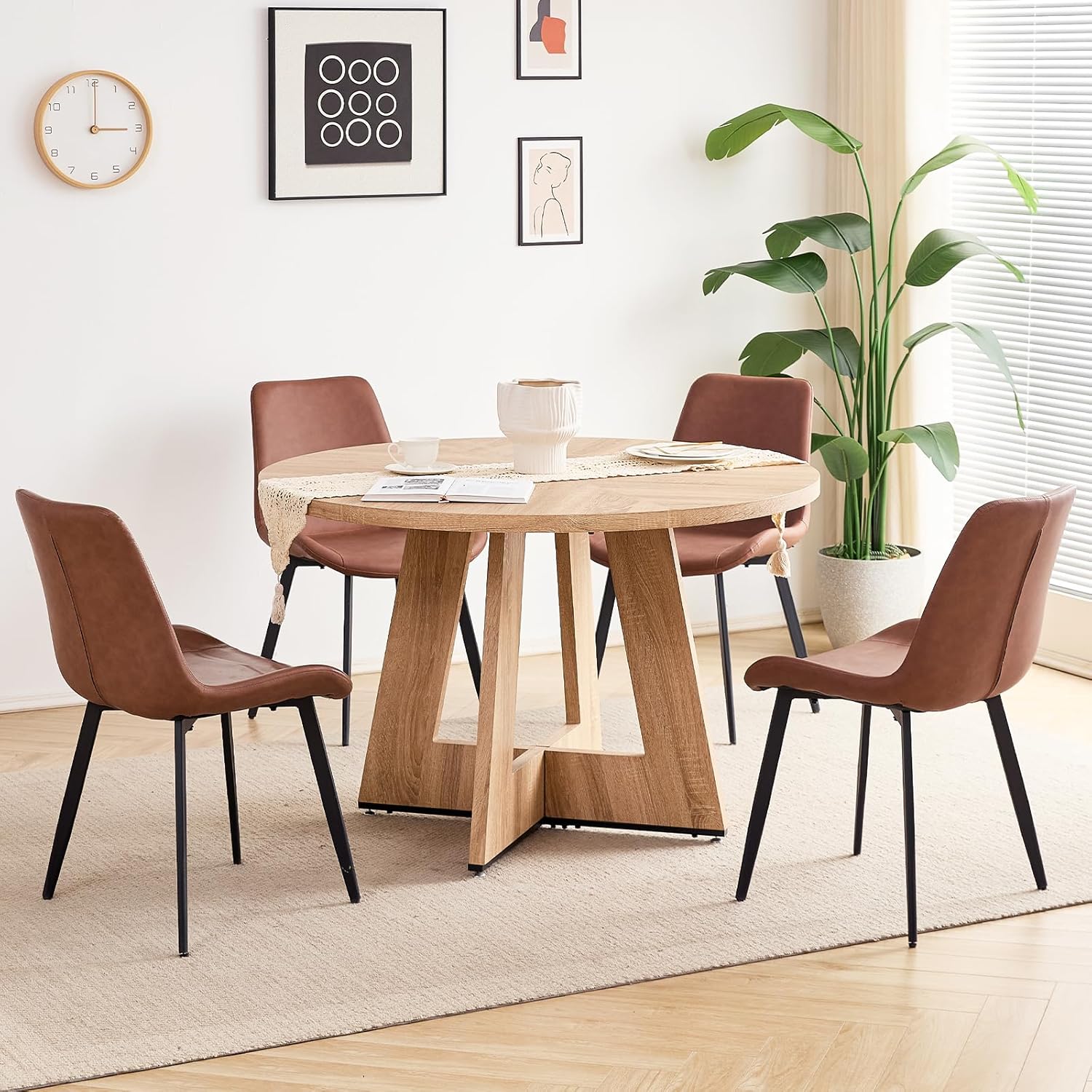 47 inch Round Dining Table Set for 4 with Chairs Kitchen Table and Chairs Set Mid-Century Modern Round Wood Kitchen Tables with Upholstered Synthetic Leather Chairs Set of 4