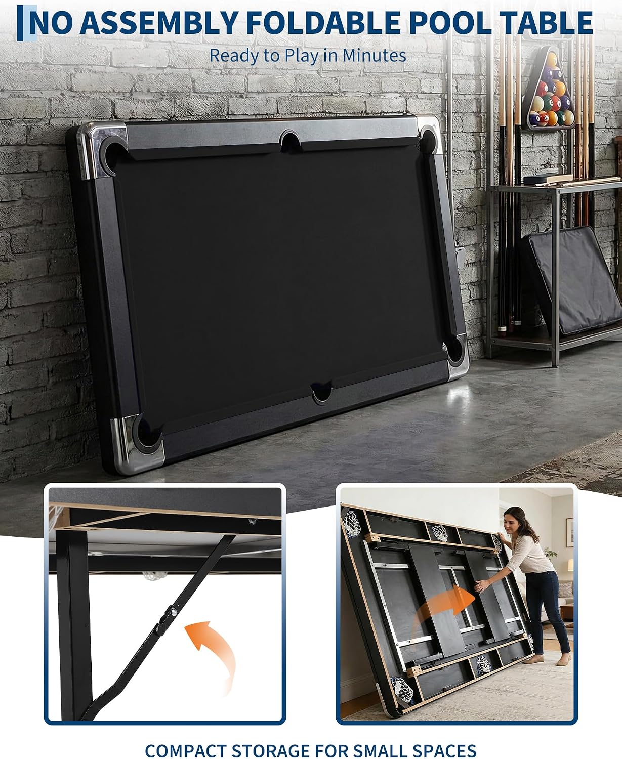 6,7 Foot Foldable Pool Table, Portable Billiards Table with Full Accessories Set, No Assembly, Metal k-Shaped Legs, Includes 16 Balls, 2 Cue Sticks, Chalk, Rack & Brush, Game Room Table for Home, Apar