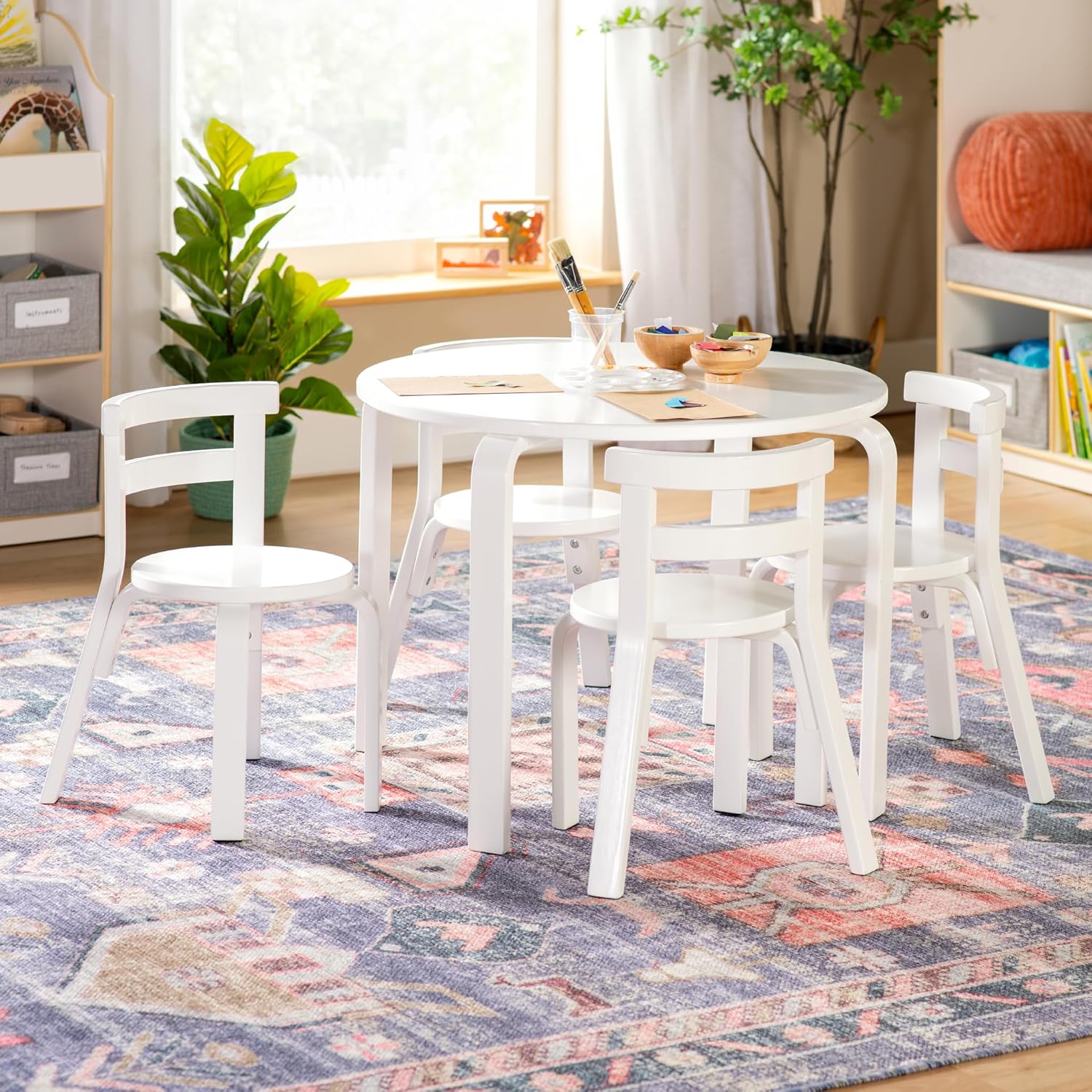Guidecraft Nordic Table and Chair Set-White: Wood Round Table for Kids w/ 4 Chairs, Kids Furniture for Playroom & Bedroom | Classroom & Daycare Montessori Toddler Activity Desk for Crafting & Writing