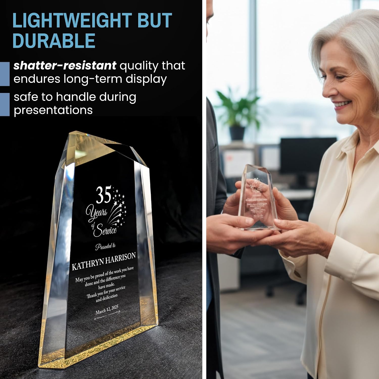 Personalized Acrylic Retirement Gifts For Men and Women, Laser Engraved Custom Trophy for Service Recognition, Years Of Service Retirement Trophy Award for Boss, Employee, Teacher (Clear Facet Wedge)