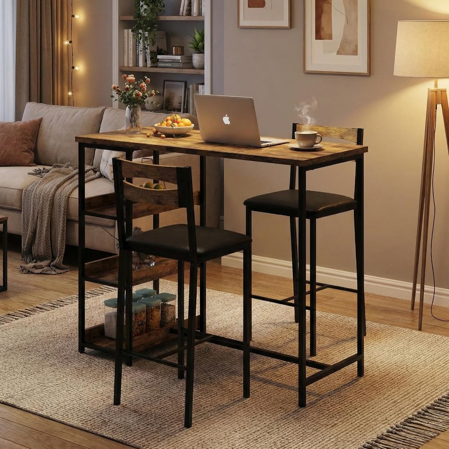 GarveeHome 3-Piece Kitchen Table Set with Storage Shelves & 2 Upholstered Chairs - Iron and Wood Dining Table for Small Spaces, Apartments, Condos, Rustic Brown