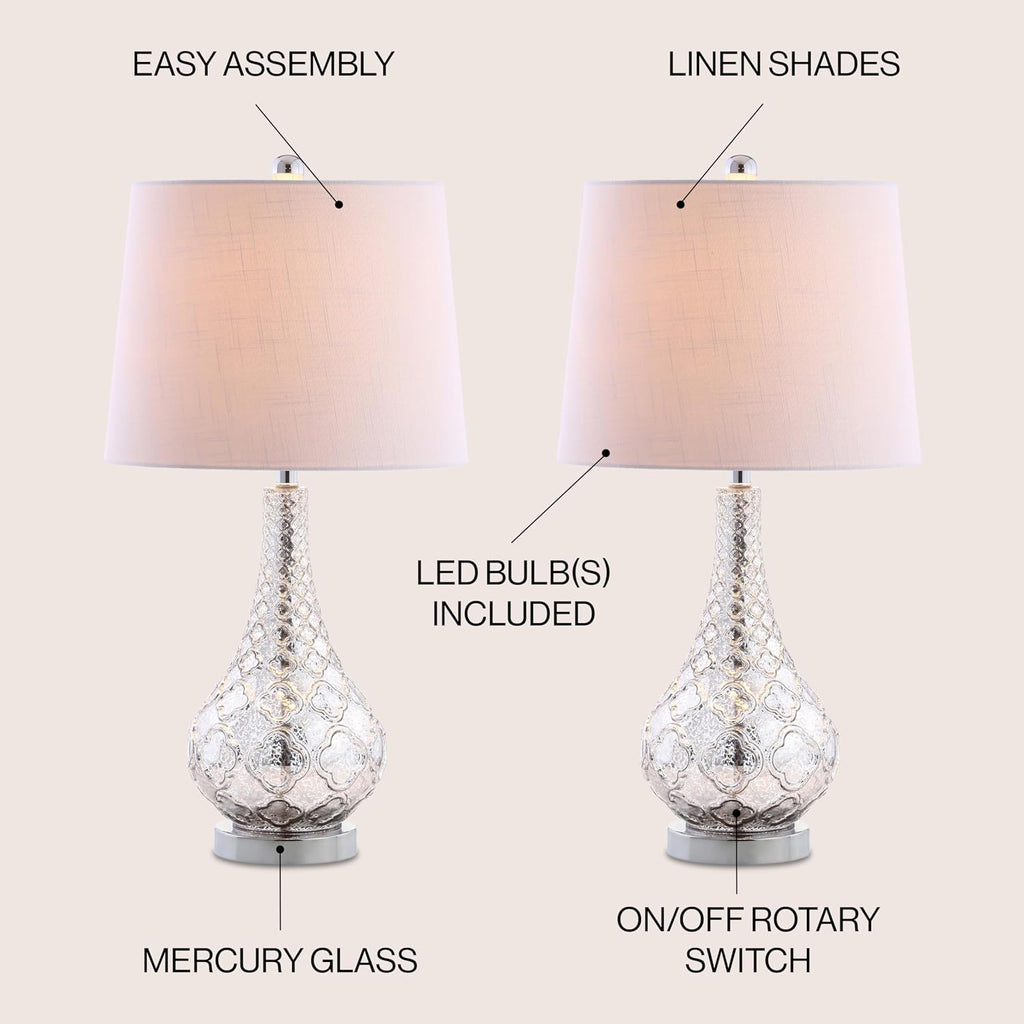 JONATHAN Y 25.5' Mercury Silver Glass Table Lamp Set of 2 for Bedroom, Contemporary Transitional Trellis Lamps for Living Room, White Linen Shade, LED Bulbs Included JYL1077A-SET2