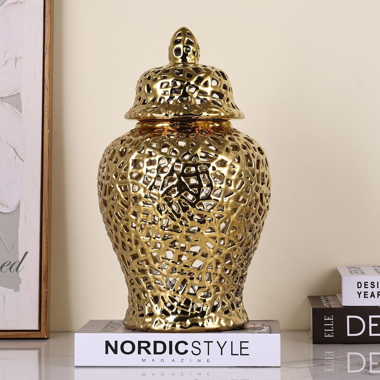 Gold Pierced Ginger Jar Vase with Lid - 15.7' Tall Decorative Ceramic Jar for Home Decor, Centerpiece for Living Room, Dining Room, Entryway, or Office, Large Gold Vase for Flowers